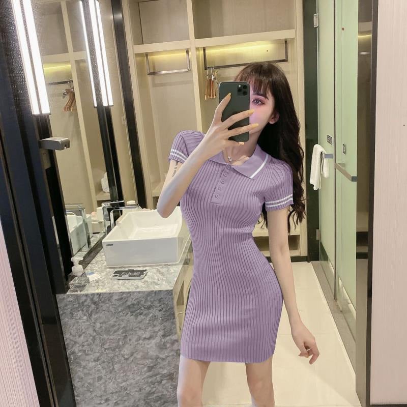 Summer New Solid Color Laps POLO Buckle Slim Fit Bag Hip Slimming Student Knitted Short-sleeved dress Women 28003 blue - Image 3