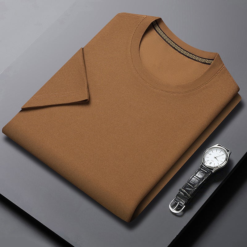 Waffle Short-Sleeved T-Shirt Men'S 2023 Casual Round Neck Thin Breathable Solid Color T-Shirt Base Shirt - Image 2