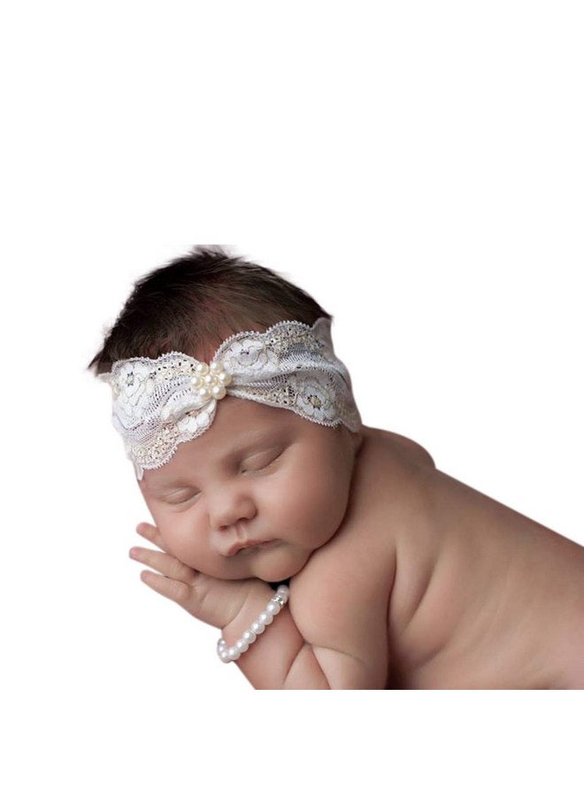 Chic Crystals Jasmine Ivory Gold Pearl Headband (6-12months) Baby stretch Headband with pearl, Baby girls hair band, Soft stretch headband for baby girls - Image 1