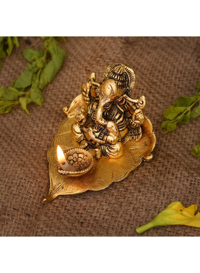 Collectible India Return Gift Ganesh Idol on Leaf - Lord Ganesha with Diya - Metal Diya for Diwali Decoration Items Home Decorative Gift Puja Gifts Corporate, Diwali Gift Item - Image 1