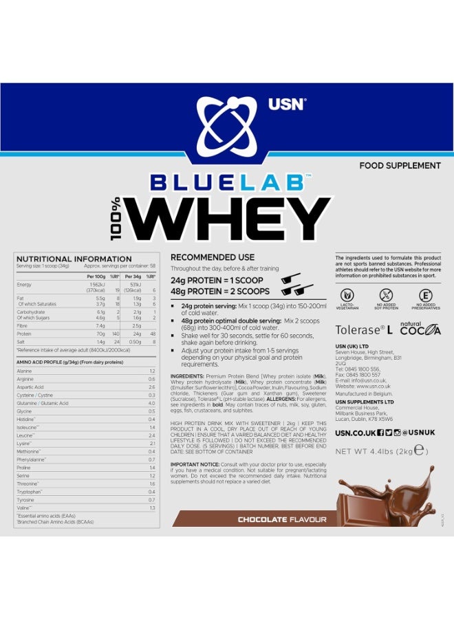 يو إس إن بلو لاب 100% واي بروتين بريميوم بنكهة الشوكولاتة 2 كجم – 45.2 جم بروتين لدعم العضلات - Image 2