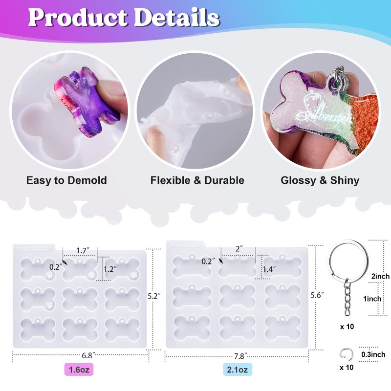 LET'S RESIN Pet Tag Resin Molds Silicone, Cat Dog Tag Molds for Epoxy Resin & UV Resina 2'' & 1.7'', Bone Shape Resina Keychain Molds with 10Pcs Key Ring & 10pcs Jump Ring, DIY Keychain Pendant Crafts - Image 2
