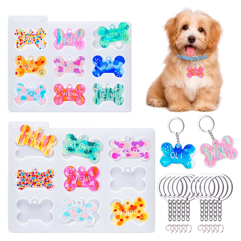 LET'S RESIN Pet Tag Resin Molds Silicone, Cat Dog Tag Molds for Epoxy Resin & UV Resina 2'' & 1.7'', Bone Shape Resina Keychain Molds with 10Pcs Key Ring & 10pcs Jump Ring, DIY Keychain Pendant Crafts - Image 1