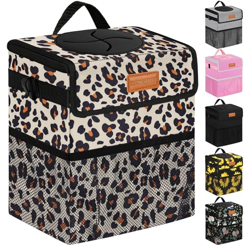 ELONGRIVER Car Trash Can Bin for Back Seat Leak Proof Cute Car Trash Bag Hanging Vehicle Trash Can for SUV Truck Van Automotive Garbage Cans Front Seat Leopard Print 2 Gallons