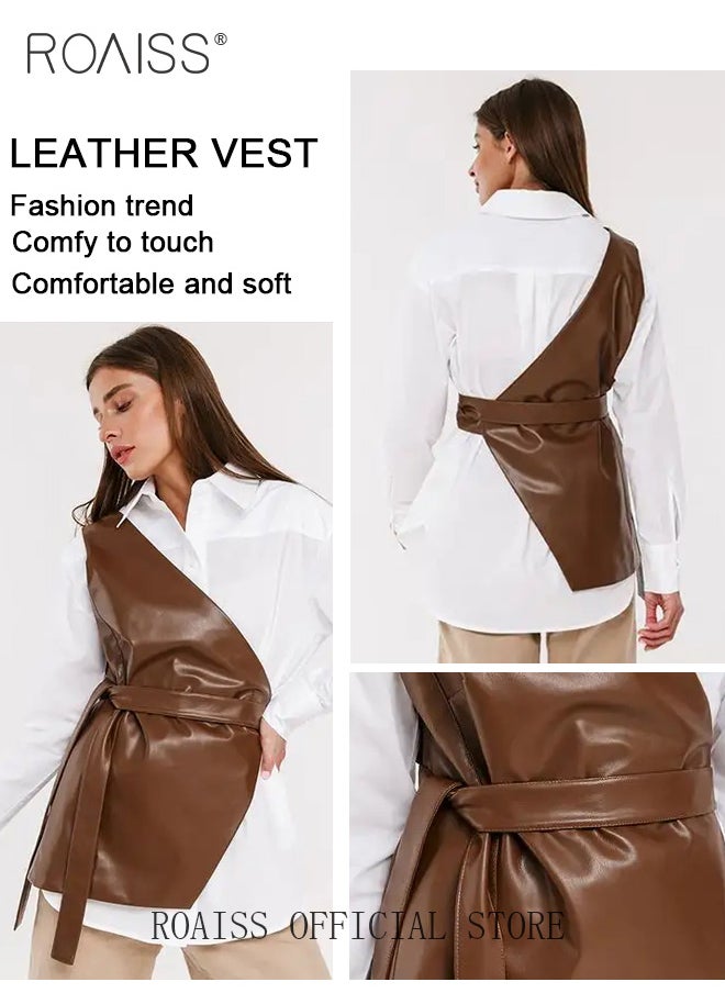 Women PU Leather Vest Solid Color Belted Sleeveless Outerwear with Irregular Cut Loose Fit Fashionable and Versatile for Students and Working Professionals - pzsku/Z3ED49DE84E0C73412D40Z/45/_/1705037862/5a316598-fe05-480d-824c-53c07302d188