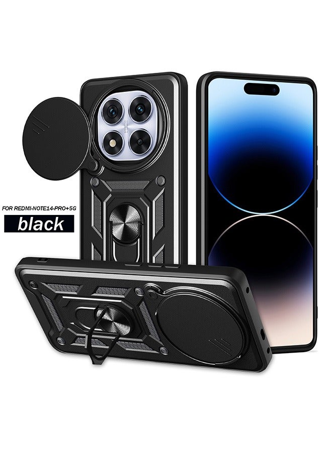 Compatible for Xiaomi Redmi Note 14 Pro+ 5G Case with Sliding Camera, Integrated 360 Degree Rotating Ring Kickstand, Shockproof Protective Cover, Anti-Fall Drop Protection, Shockproof Case, Black  - Image 1