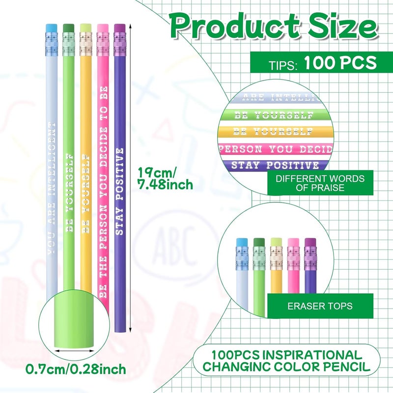 Epakh 100 Pcs Inspirational Pencils Color Changing Pencils Bulk with Eraser HB Wooden Pens Gift for Kids Students Classroom Christmas Party(Bright Colors,Classic Style) - Image 2