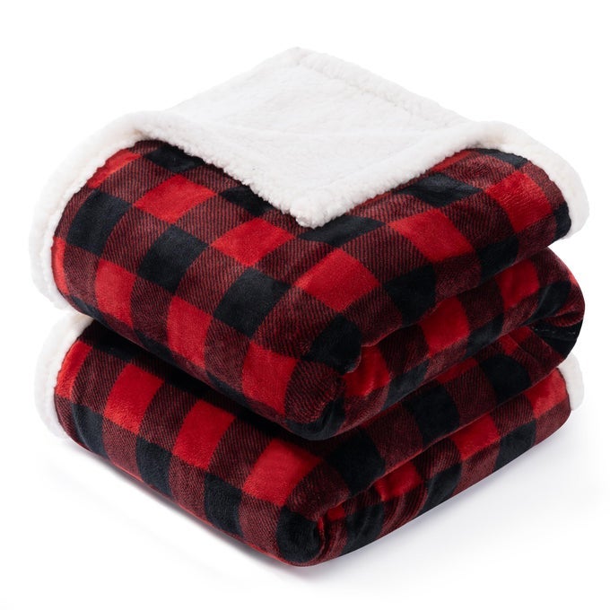 CHRISTMAS SHERPA FLEECE THROW BLANKET SUPER SOFT WARM BUFFALO PLAID PLUSH BLANKETS AND THROWS WARM WINTER COZY FUZZY BLANKET FOR COUCH SOFA BED RED 50 X 60