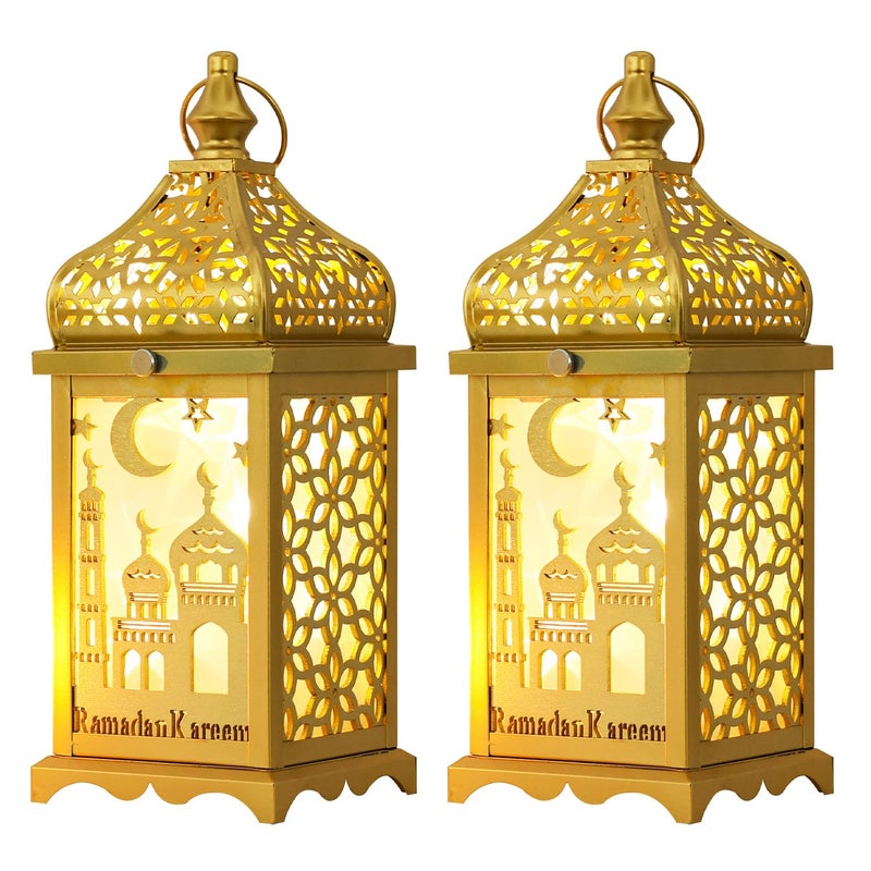 DECORKEY Ramadan Decorations for Home, 2Pcs 14'' Decorative Candle Lantern for Tabletop Mantel Decor, Vintage Metal Lantern Candle Holders for Indoor Outdoor Decor, EID Mubarak Gift - Image 1