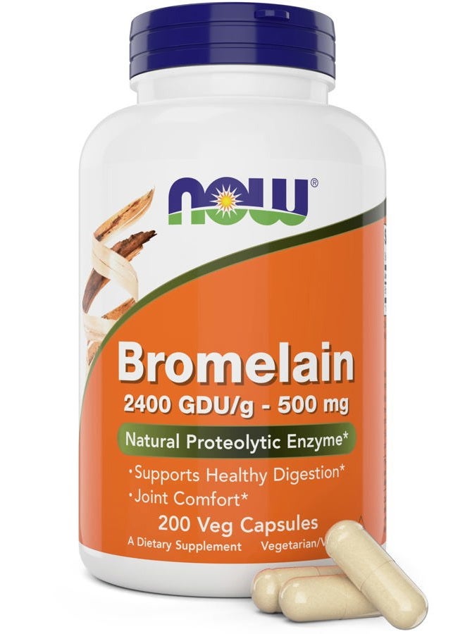 Now Bromelain 500 mg, 200 Veg Capsules - Natural Pineapple, Proteolytic Enzyme Supplement, 2400 GDU - Image 1