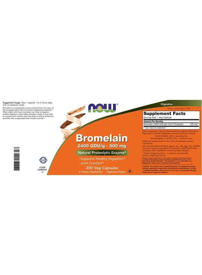 Now Bromelain 500 mg, 200 Veg Capsules - Natural Pineapple, Proteolytic Enzyme Supplement, 2400 GDU - Image 2