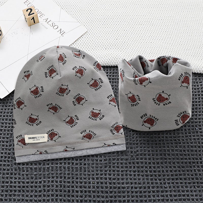 New Single-Layer Children'S Pile Cap Scarf Two-Piece Suit Cotton Printed Pullover Cap Windproof Ear Protection Hat - Image 1