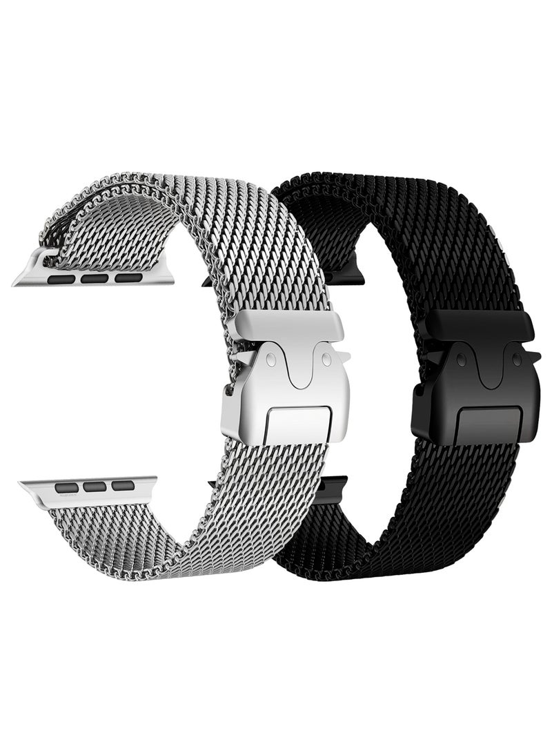 CATANES 2Packs Milanese Loop for Apple Watch Band Ultra 2 Band Ultra 49mm 46mm 45mm 44mm, Parachute-Style Buckle Stainless Steel Mesh Metal Band for iWatch Series 10-1 SE - Black Natural Titanium - Image 1