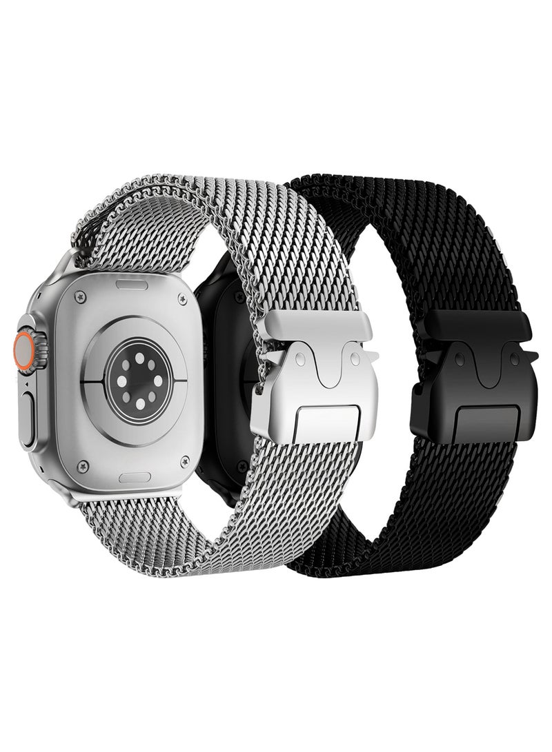 CATANES 2Packs Milanese Loop for Apple Watch Band Ultra 2 Band Ultra 49mm 46mm 45mm 44mm, Parachute-Style Buckle Stainless Steel Mesh Metal Band for iWatch Series 10-1 SE - Black Natural Titanium - Image 3