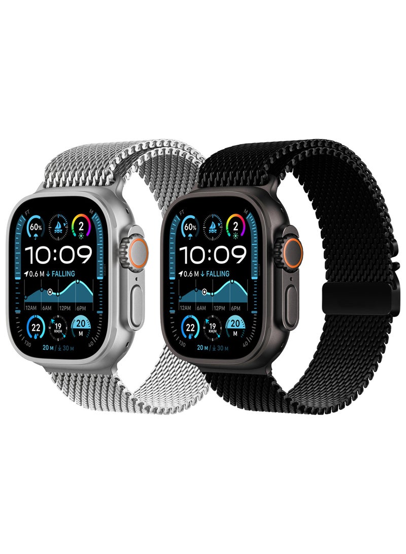 CATANES 2Packs Milanese Loop for Apple Watch Band Ultra 2 Band Ultra 49mm 46mm 45mm 44mm, Parachute-Style Buckle Stainless Steel Mesh Metal Band for iWatch Series 10-1 SE - Black Natural Titanium - Image 4