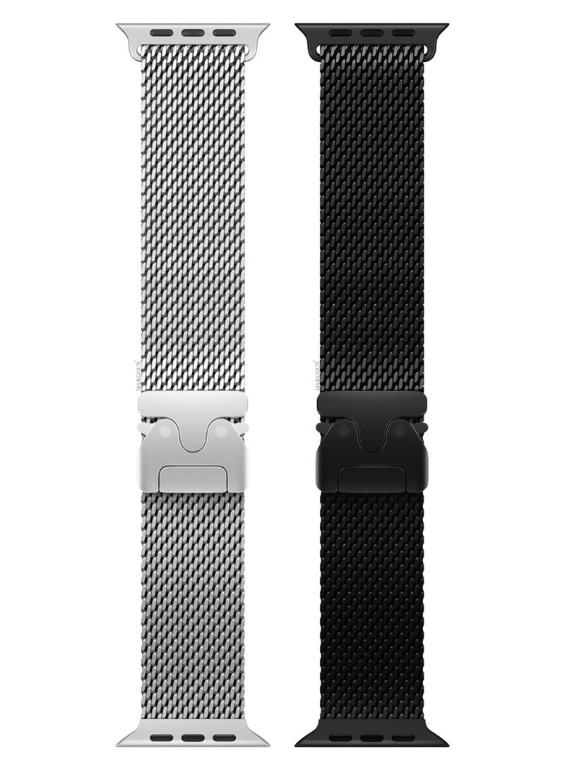 CATANES 2Packs Milanese Loop for Apple Watch Band Ultra 2 Band Ultra 49mm 46mm 45mm 44mm, Parachute-Style Buckle Stainless Steel Mesh Metal Band for iWatch Series 10-1 SE - Black Natural Titanium - Image 2