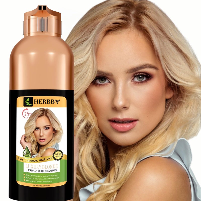 HERBBY Hair Color Shampoo for Gray Hair Coverage&Color Transform with 9 Herbal Extracts â€“Long Lasting(6-8 Weeks),Shiny,Evenly Colored,Instant Hair Dye Shampoo&Conditioner,500 Ml (LUXURY BLONDE COLOR) - Image 1