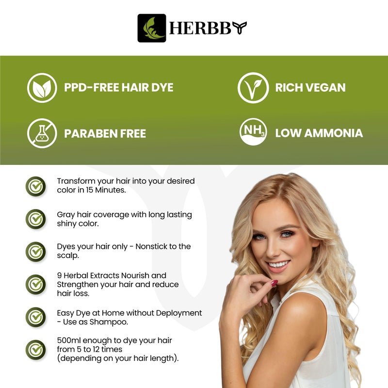 HERBBY Hair Color Shampoo for Gray Hair Coverage&Color Transform with 9 Herbal Extracts â€“Long Lasting(6-8 Weeks),Shiny,Evenly Colored,Instant Hair Dye Shampoo&Conditioner,500 Ml (LUXURY BLONDE COLOR) - Image 3