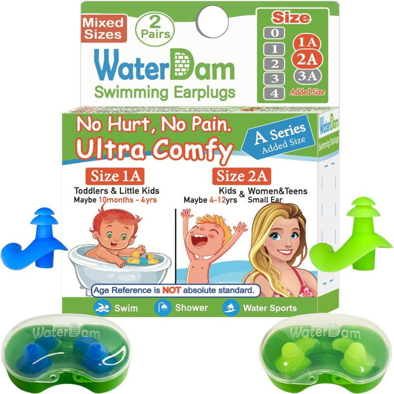 سدادات أذن سباحة WaterDam ASeries مريحة للغاية مقاومة للماء بأحجام مختلطة الحجم 1A2A للأطفال الصغار والنساء والمراهقين باللون الأزرق والأخضر