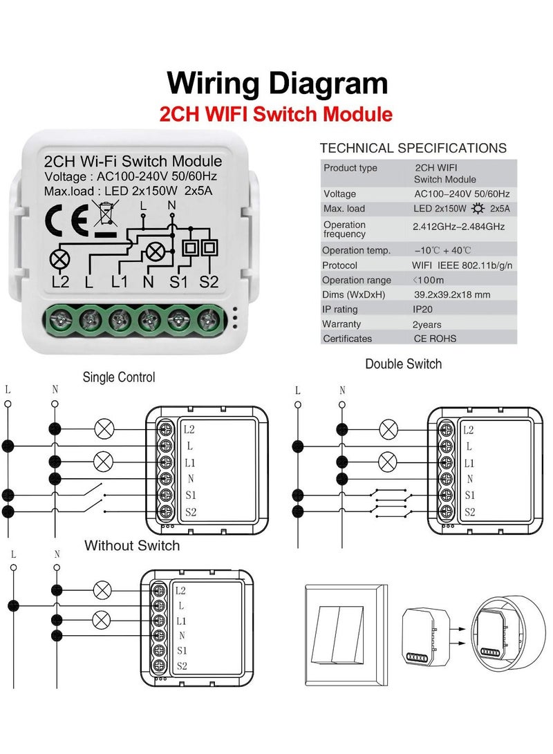 لوميف وحدة تبديل إضاءة ذكية واي فاي من تويا، قاطع تيار يدوي 100-240 فولت، يدعم التحكم ثنائي الاتجاه عن بعد عبر التطبيق، يعمل مع أليكسا وجوجل هوم – مفتاح إضاءة 2جانج- مزدوج 2*5 أمبير - Image 2