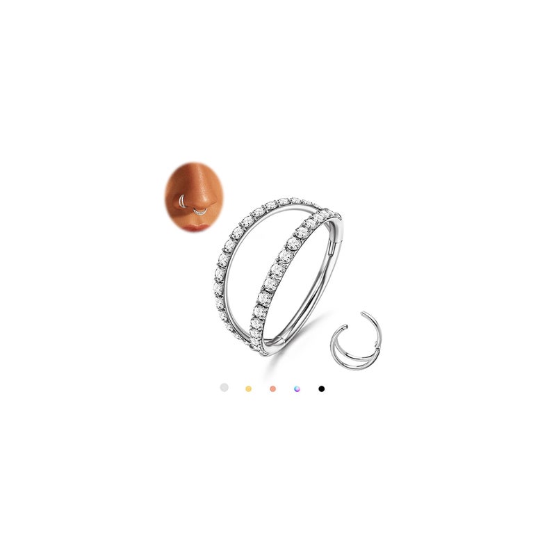 MILACOLATO G23 Titanium 18G Septum Clicker Nose Rings Double Open Stack Conch Daith Earrings Helix Tragus Cartilage Earrings Piercing Jewelry with Clear CZ for Women Men 8MM, Silver Tone - Image 1
