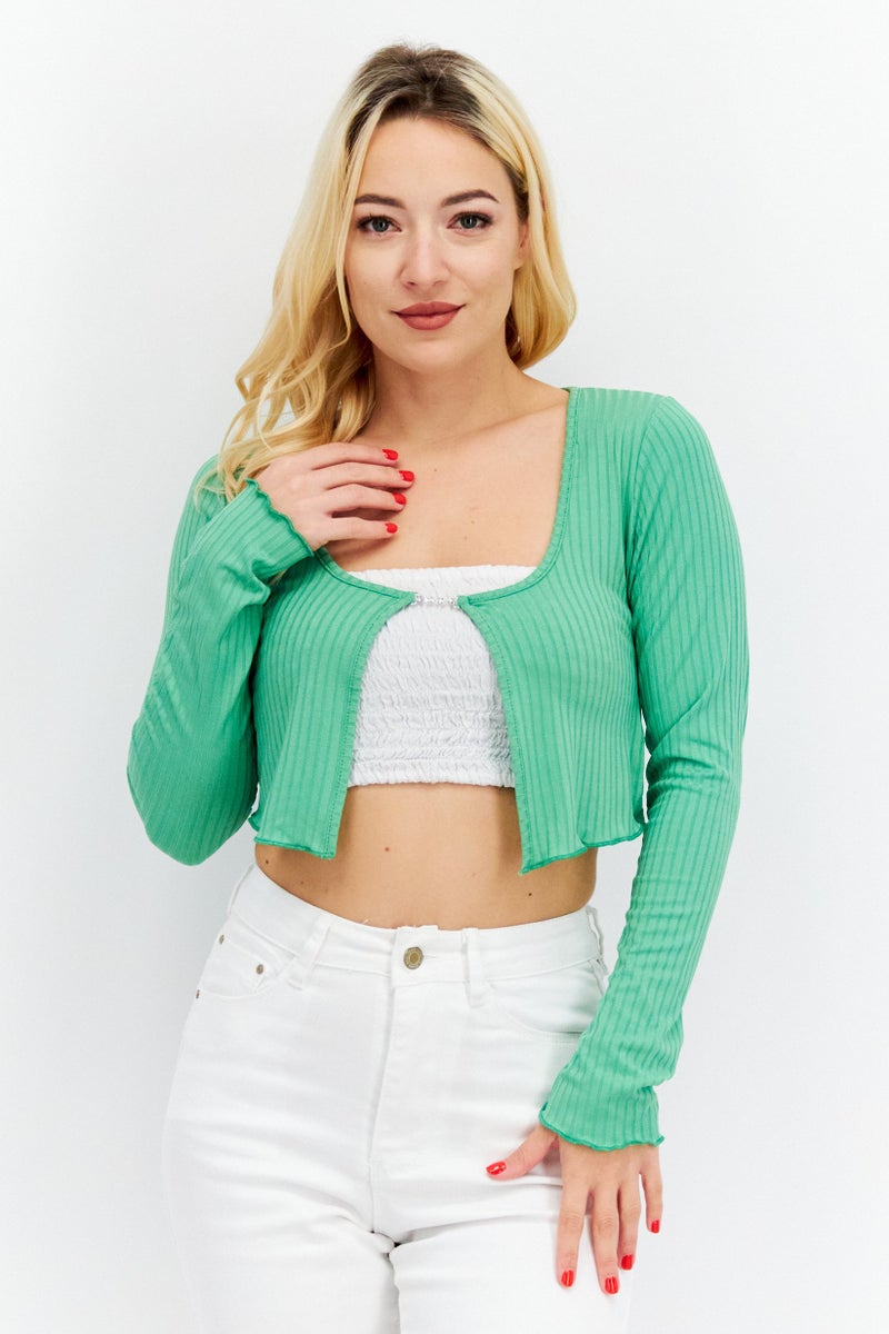 NEW LOOK Women Scoop Neck Long Sleeves Textured Top, Green - Image 1