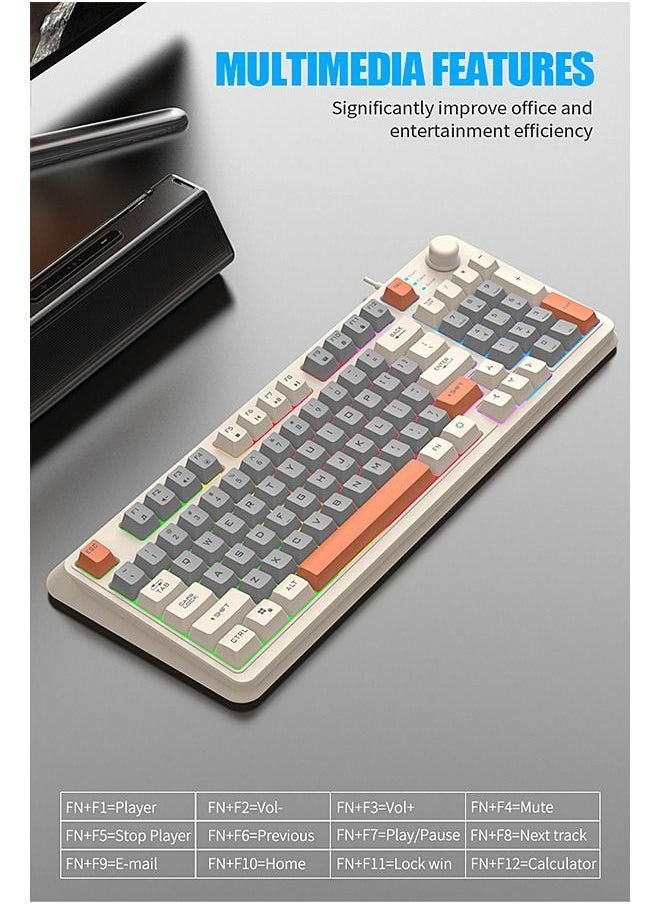 XUNFOX - 94-Key Wired Gaming Keyboard - Membrane Keyboard - Gaming Keyboard - Office Keyboard - Built-in Volume Adjustment Knob - Computer Keyboard - Waterproof RGB Color Suitable for PC/Ps4/Xbox Gamers - Image 1