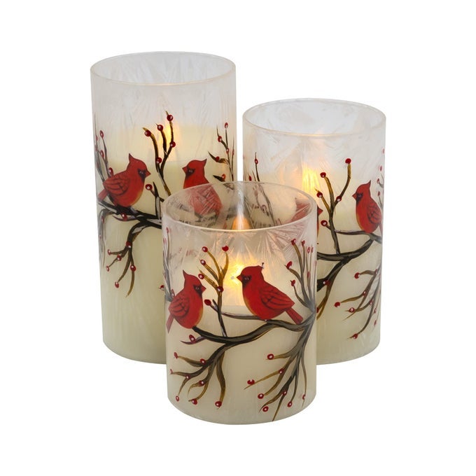 BATTERY OPERATED LED RED CARDINALS HURRICANE CANDLES SET OF 3