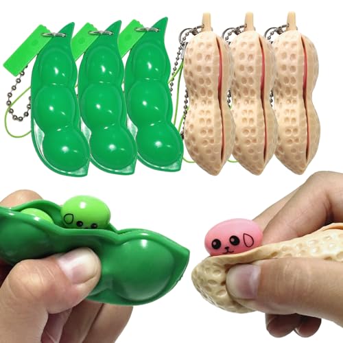 Ganjiang 6PCS Squeeze Bean Keychain Fidget Toys Pack for Both Children and Adult 3pcs Pea 3pcs Peanut - Image 1