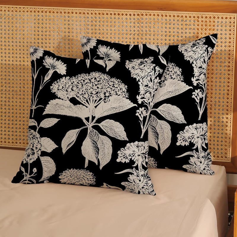 GOLIANDA Black Pillow Covers 16x16 Inch Set of 2 Vintage Boho Floral Hydrangea Herbs Botanical Throw Pillows Outdoor Flower Decoration Pillowcase Linen Farmhouse Cushion Case Decorative for Couch Sofa - Image 3