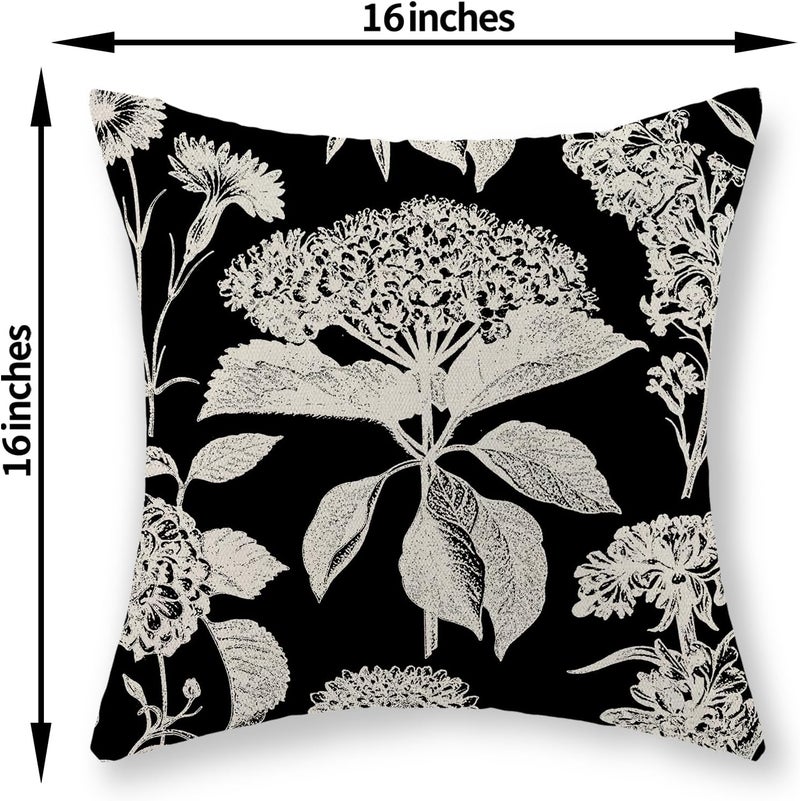 GOLIANDA Black Pillow Covers 16x16 Inch Set of 2 Vintage Boho Floral Hydrangea Herbs Botanical Throw Pillows Outdoor Flower Decoration Pillowcase Linen Farmhouse Cushion Case Decorative for Couch Sofa - Image 2