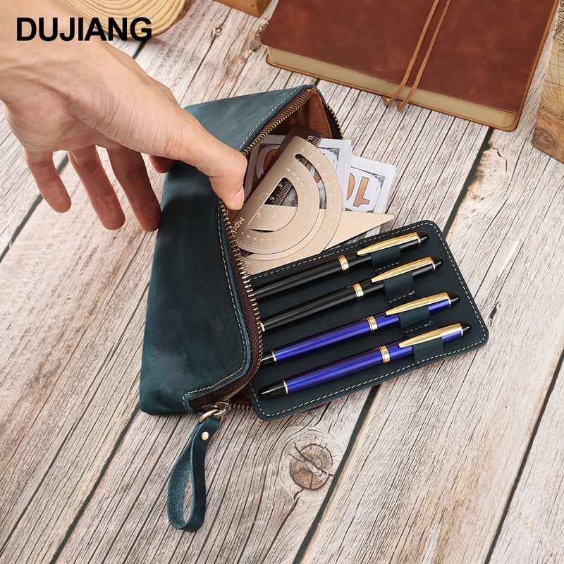 First-Layer Cowhide Pencil Case, Crazy Horse Leather Genuine Leather Pen And Ballpoint Pen Stationery Bag, Simple Multi-Functional Stationery Storage Bag - Image 4