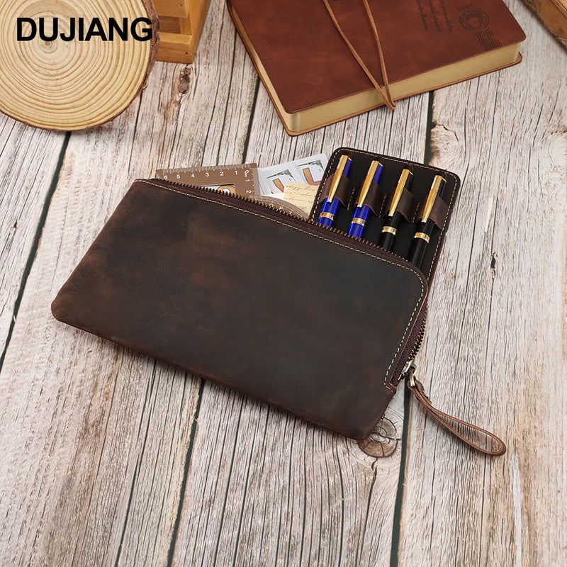 First-Layer Cowhide Pencil Case, Crazy Horse Leather Genuine Leather Pen And Ballpoint Pen Stationery Bag, Simple Multi-Functional Stationery Storage Bag - Image 3