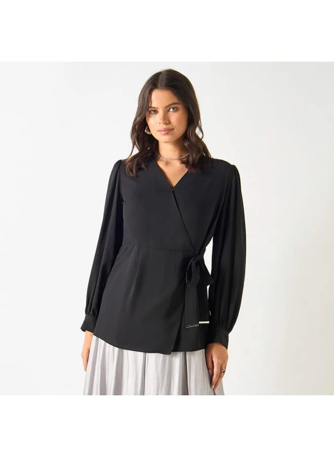 Iconic Iconic Solid V-neck Top with Tie-Ups and Long Sleeves