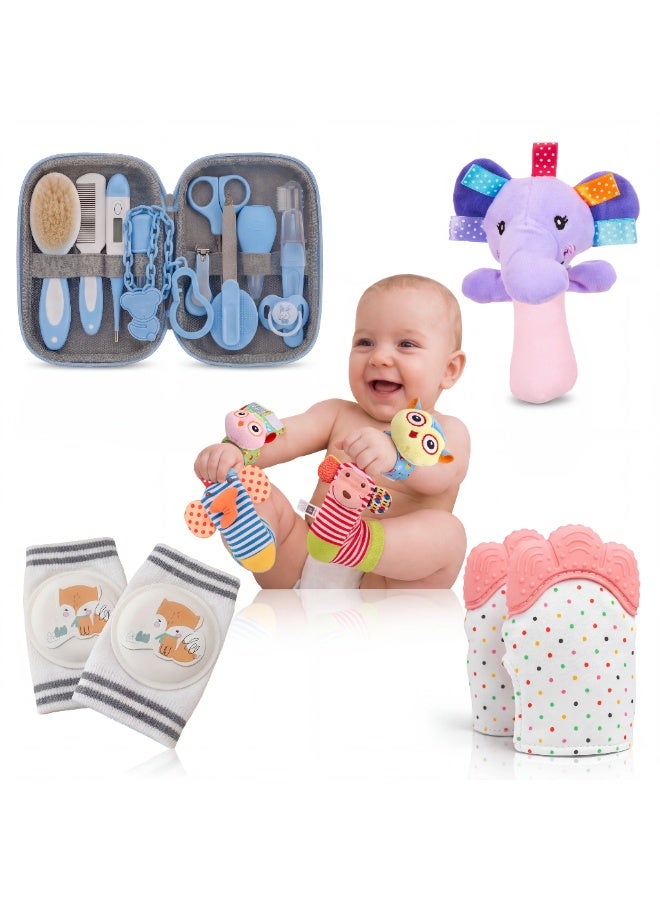 13-Piece Chicco Grooming Kit, Soft Plush Rattle, Teething Mittens, Wrist Rattles & Socks, and Baby Crawling Knee Pads Bundle
