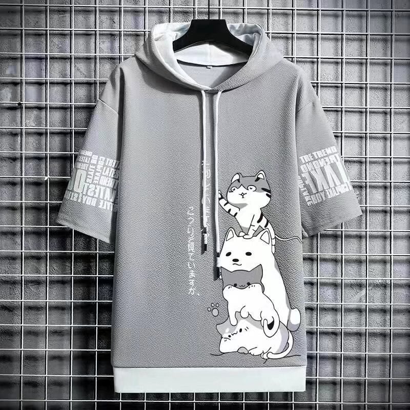 2022 Summer Mens Hooded Short Sleeve Sweatshirt Casual Solid Color Tee Dark gray  - Image 2