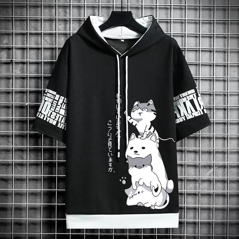 2022 Summer Mens Hooded Short Sleeve Sweatshirt Casual Solid Color Tee Dark gray  - Image 5