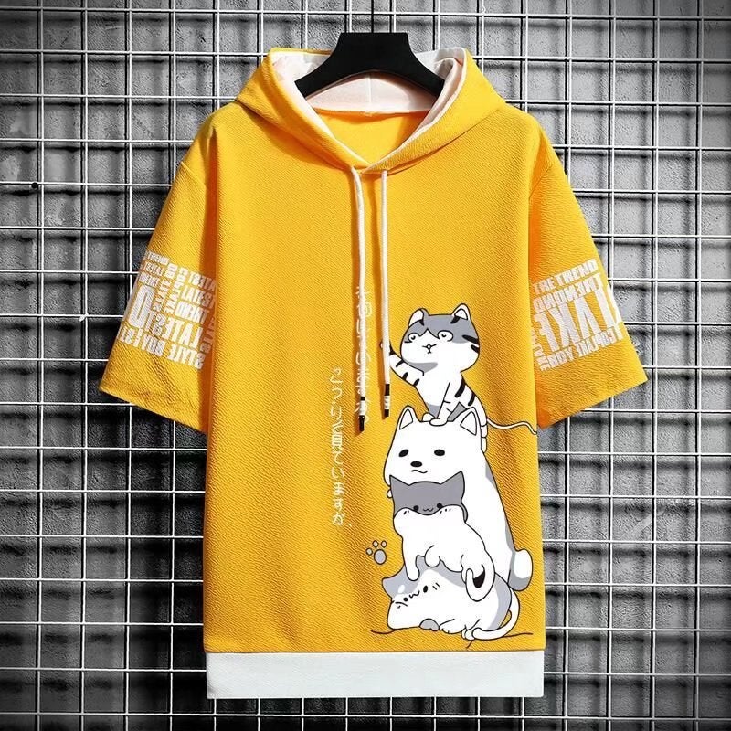 2022 Summer Mens Hooded Short Sleeve Sweatshirt Casual Solid Color Tee Dark gray  - Image 4