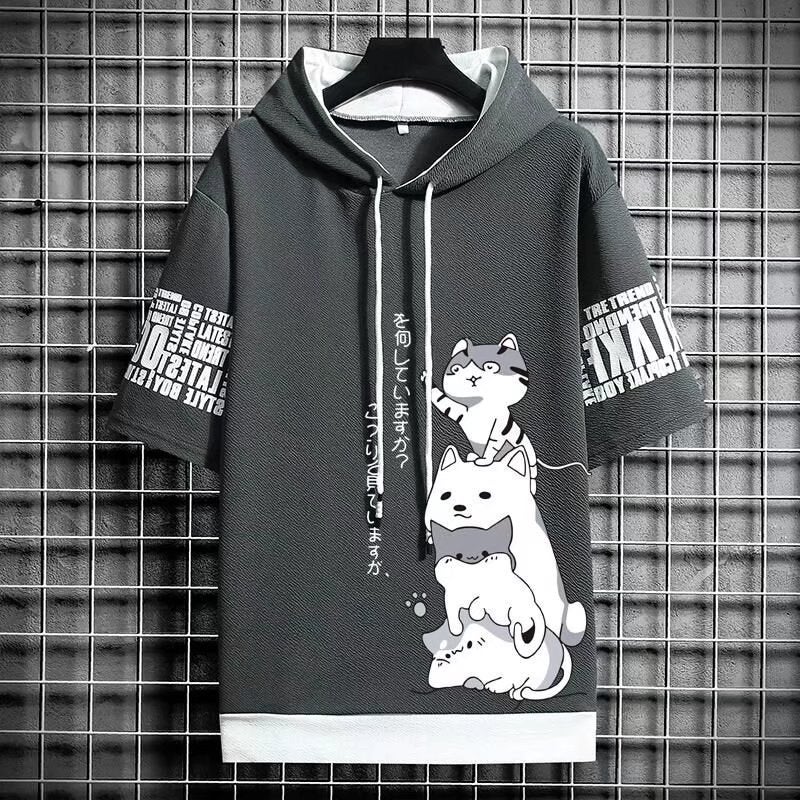 2022 Summer Mens Hooded Short Sleeve Sweatshirt Casual Solid Color Tee Dark gray  - Image 1