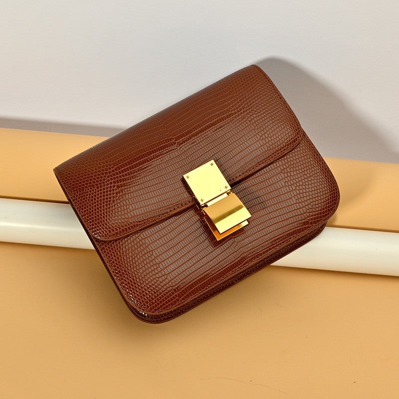 Genuine Leather Women'S Bag Lizard Pattern Tofu Bag Casual And Fashionable Crossbody Bag Solid Color Textured Shoulder Underarm Bag - Image 1
