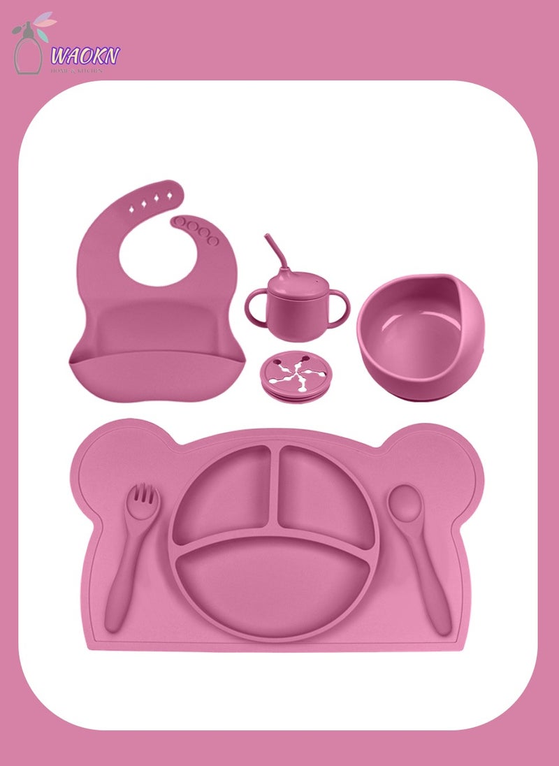WAOKN 8-Piece Baby Silicone Tableware Set, Special For Infants To Eat Their Own Training Tableware Set, Including Dinner Plate, Complementary Food Bowl, Sippy Cup, Bib, Placemat, Fork, Spoon, Snack Cover  - Image 1