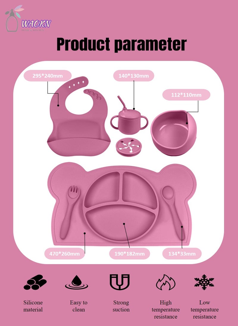 WAOKN 8-Piece Baby Silicone Tableware Set, Special For Infants To Eat Their Own Training Tableware Set, Including Dinner Plate, Complementary Food Bowl, Sippy Cup, Bib, Placemat, Fork, Spoon, Snack Cover  - Image 2
