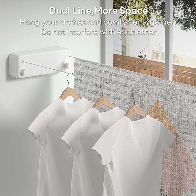 PRISO Retractable Stainless Steel Cloth line for Drying Wall Mounted Heavy Duty Double Cloth Drying Stand for Hanging Laundry Adjustable Washing Line 138 Ft Wire White - Image 5