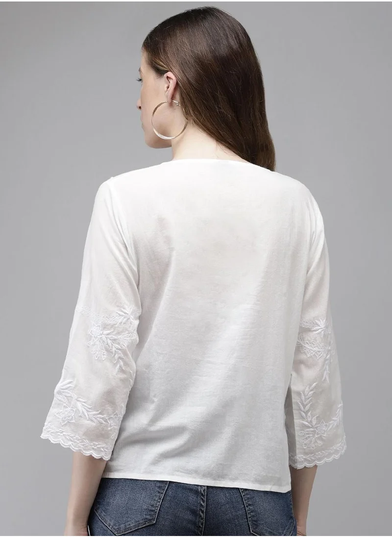 ISHIN White Tops A line Fit 3/4 Sleeve Sleeve made from Cotton featuring Self Design design and Round Neck neckline - Perfect for Ethinic!