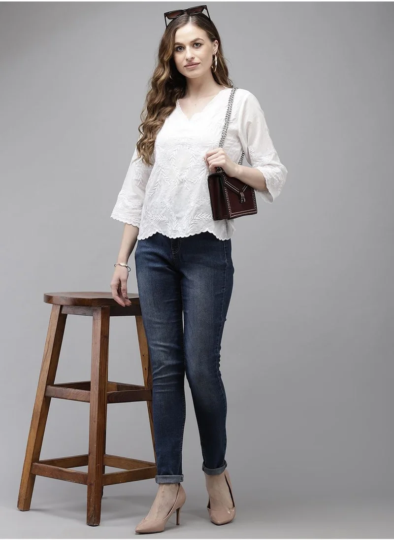 ISHIN White Tops A line Fit 3/4 Sleeve Sleeve made from Cotton featuring Self Design design and Round Neck neckline - Perfect for Ethinic!