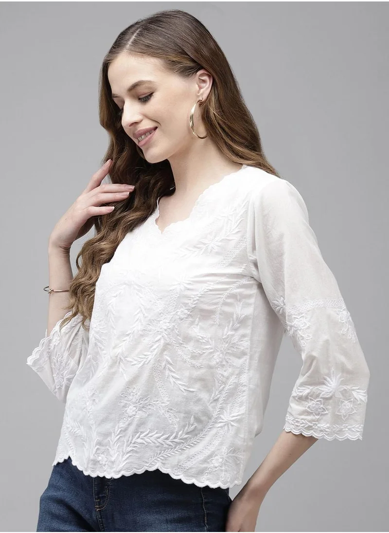 ISHIN White Tops A line Fit 3/4 Sleeve Sleeve made from Cotton featuring Self Design design and Round Neck neckline - Perfect for Ethinic!
