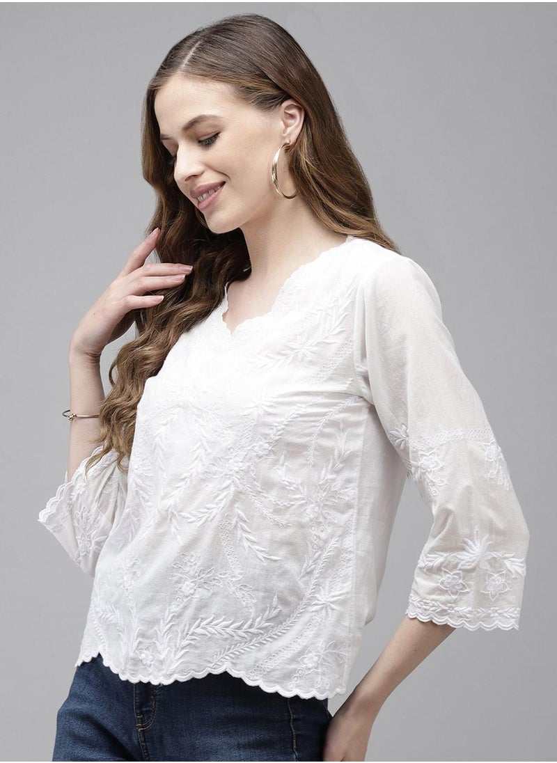 ISHIN Women's White 100% Cotton Self Design Tunic A-Line Tops  - Image 3