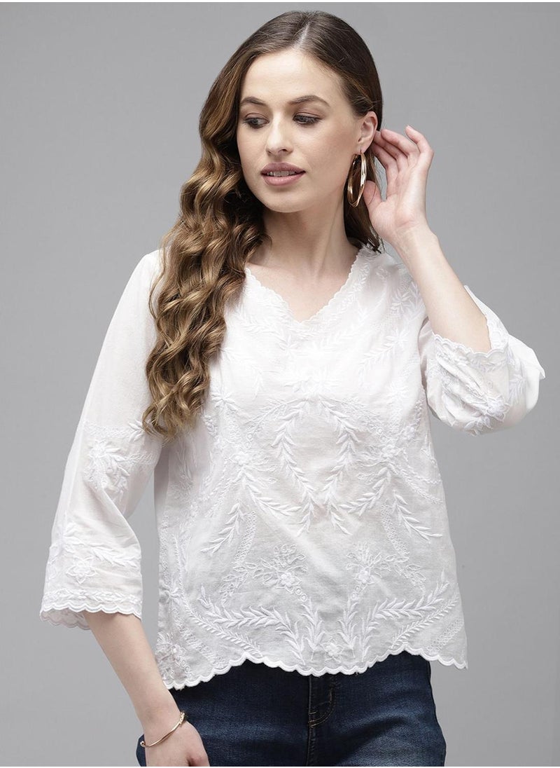 ISHIN Women's White 100% Cotton Self Design Tunic A-Line Tops  - Image 1