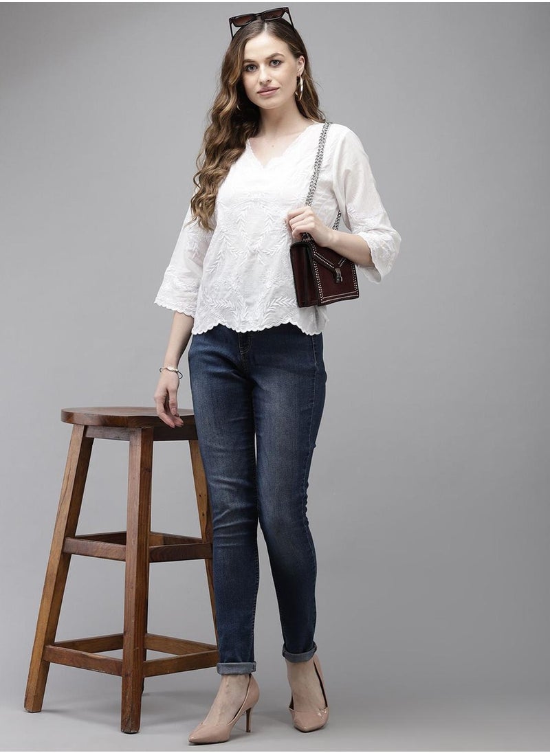 ISHIN Women's White 100% Cotton Self Design Tunic A-Line Tops  - Image 5
