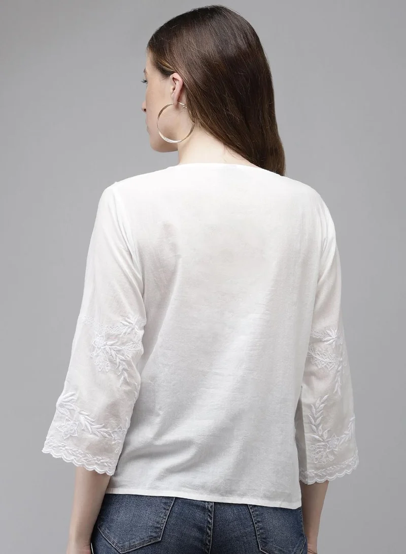 ISHIN Women's White 100% Cotton Self Design Tunic A-Line Tops